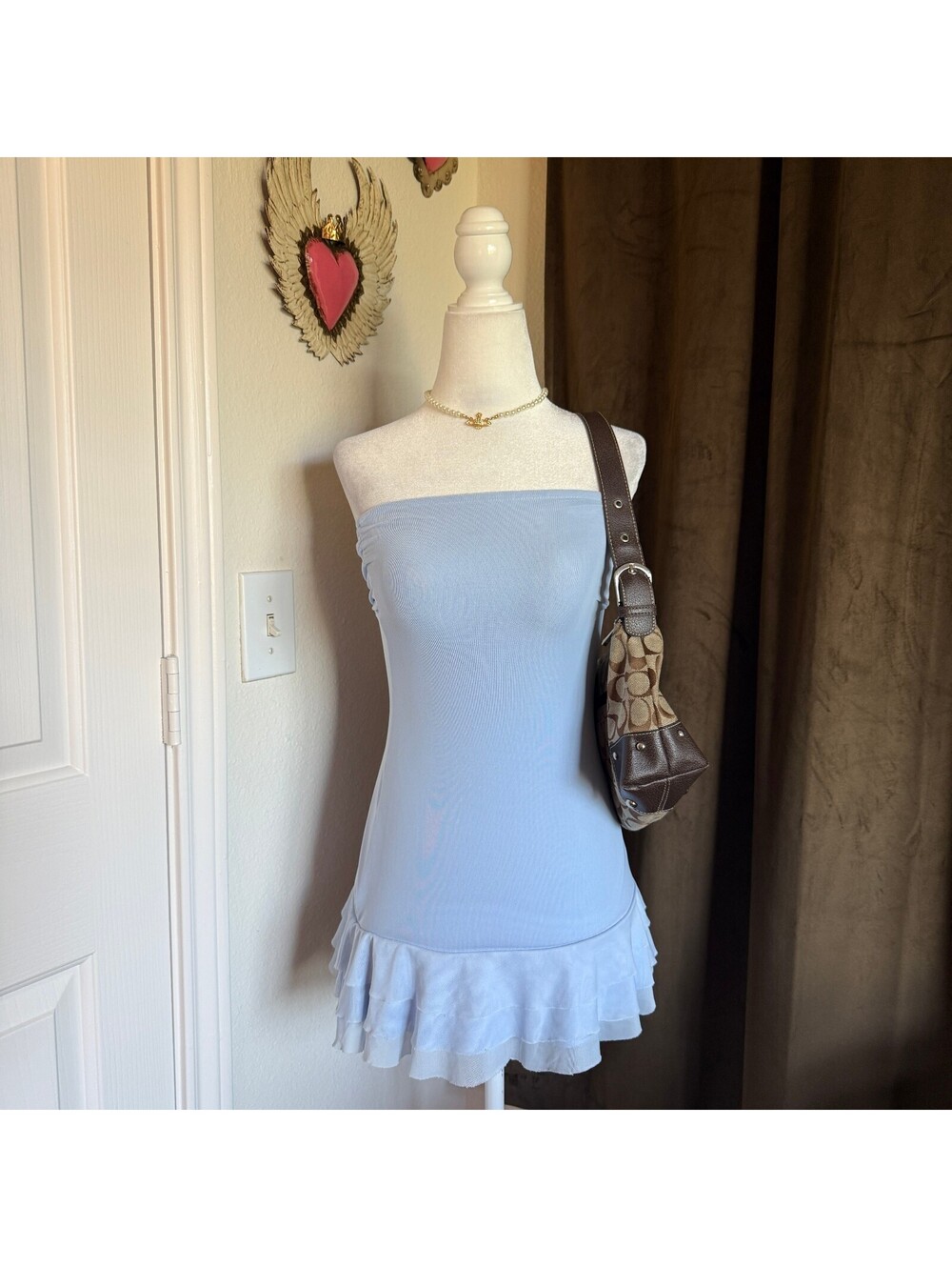 Edikted Thalia Strapless Minidress Ruffle Coquette Baby Blue Girly Sz XS